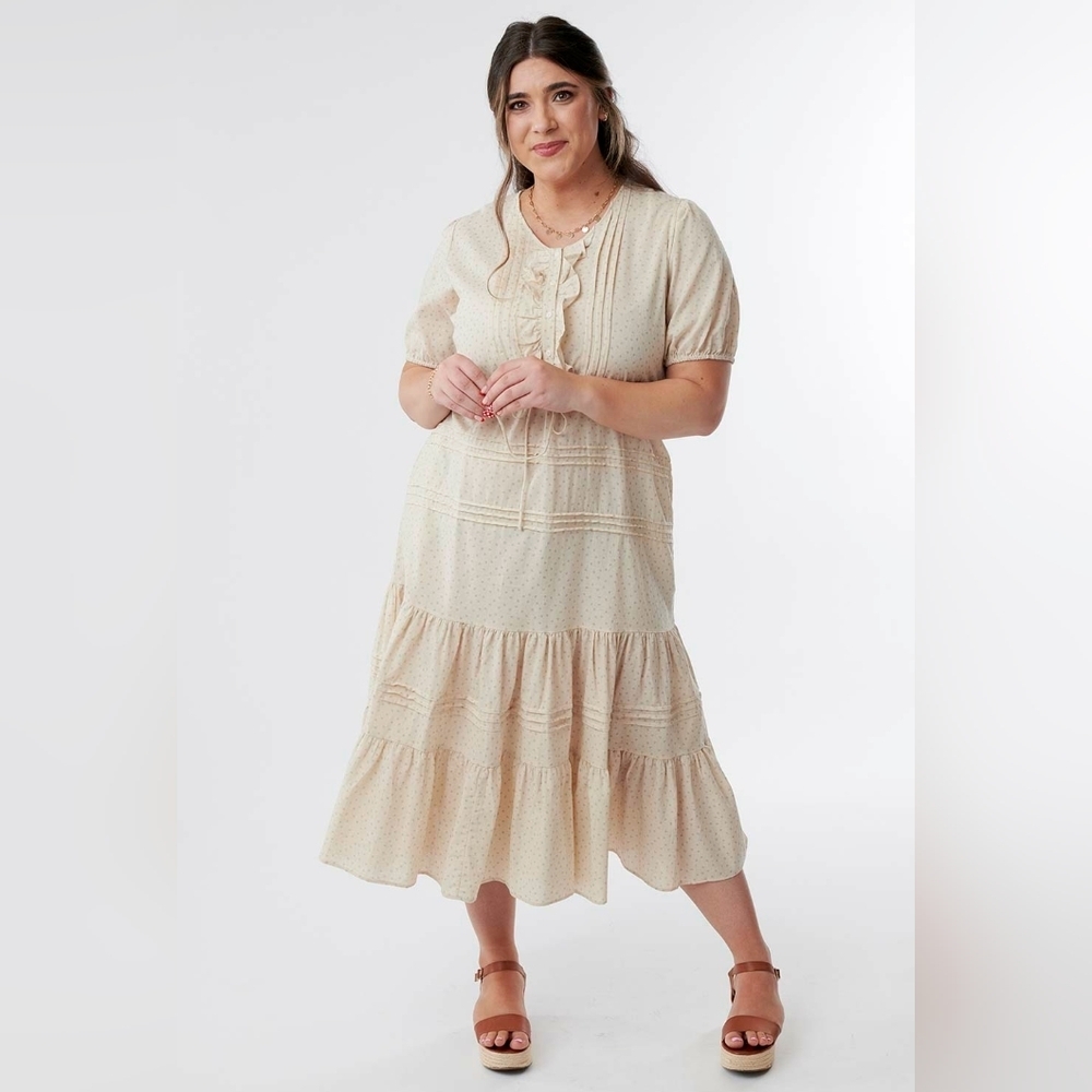 Puff Short Sleeve Button down Nursing Cotton Midi Dress New